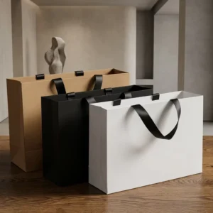 Eco Friendly Cardboard Paper Bag Set with Ribbon Handles, Brown Black and White, Gift Packaging