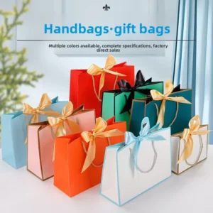 Factory Bow Ribbon Paper Tote Bag with Printing and Hot Stamping for Garment, Gift, and Shopping Packaging
