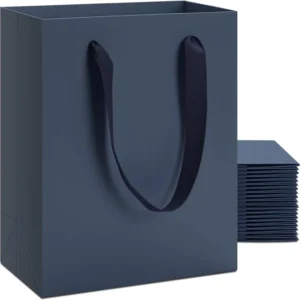 Factory Custom Logo Navy Blue Matte Gift Bag Eco Friendly Heavy Duty Paper Shopping Bag with Ribbon Handle