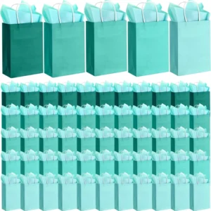 Factory Custom Printed Teal Blue Durable Eco Friendly Biodegradable Kraft Paper Gift Bags with Handles
