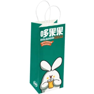 Factory Direct Custom Dark Green Cartoon Print Narrow Paper Carry Bag for Fresh Fruit Drink Shop Takeaway Packaging
