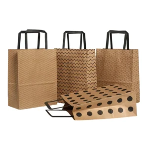 Flat Handle Kraft Paper Bag Custom Logo Eco Friendly Gift Food Take Away Kraft Paper Shopping Bag