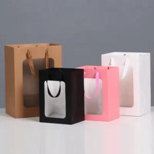 Floral Paper Gift Bags with Transparent Window and Long Handles, Custom Printing, Christmas Souvenir Gift