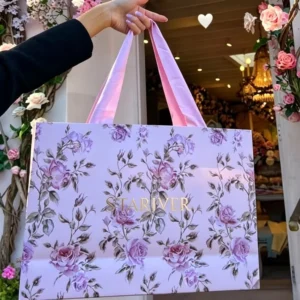 Floral Printed Paper Gift Bag with Gold Foil Logo and Satin Ribbon Handle