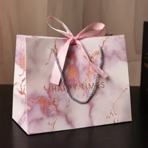 Gift Carry Paper Bags with Marble Design and Ribbon Handle for Jewelry Packaging