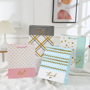 Glitter Ivory Paper Gift Bag with Star Stripe Print for Candy, Jewelry and Cosmetic Packaging