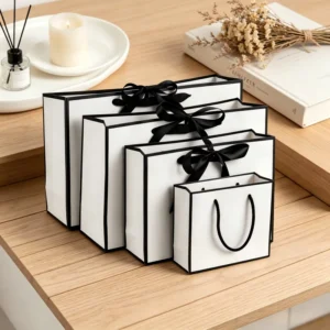 Ivory White Paper Shopping Gift Bags with Black String Ribbon Handles for Clothing Packaging