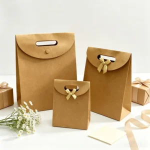 Kraft Bow Gift Tote Bags with Cardboard Paper Handles for Weddings Birthdays and Holidays