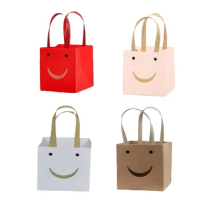 Kraft Paper Bags with Smiling Face Print and PVC Window, White Flower Card Handbags for Gift Packaging