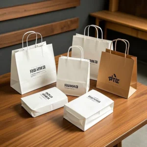 Kraft Paper Coffee & Milk Tea Takeout Packaging Bag With Handle Offset Printing Custom Color Size ISO14001 Certified Disposable