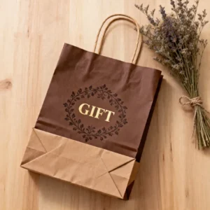 Kraft Paper Gift Bags with Gold Wreath Design Chocolate Brown Two-Tone Serrated Edge Twisted Handles
