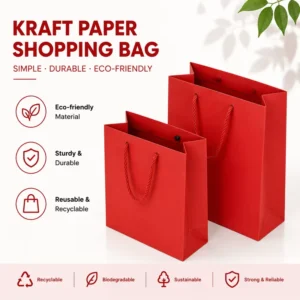 Kraft Paper Shopping Bag with Rope Handle, Recyclable, Red, for Retail Gift Packaging