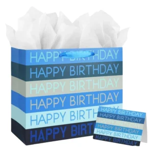 Large Blue Classic Craft Birthday Gift Bags with Handles White Design 3 Tissue Paper 1 Greeting Card