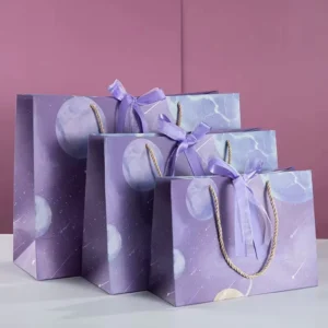 Large Blue Kraft Paper Gift Bag with Custom Logo, Handles, and Ribbon