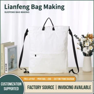 Large Minimalist Paper Bag with Zip-top Drawstring Foldable Design Degradable Portable Kraft Paper Tote