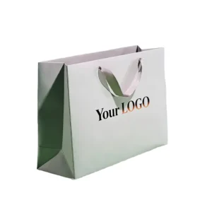 Light Green Aseptic Kraft Paper Carry Tote Bags Iridescent Satin Ribbon Handles Custom Gradient Color Brand Logo Cosmetic