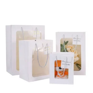Luxury Paper Flower Gift Bag with Transparent PVC Window and Handle for Florist Wedding Party Gift Packaging