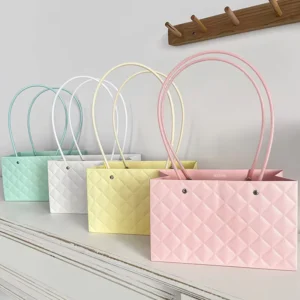 Macaron Colored Rectangular Handbag with Diamond Shaped Embossed Surface Waterproof Bouquet Packaging Box Flower Paper Bag