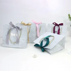 Marble Thank You Printed Paper Gift Bag with Ribbon White Board Paper