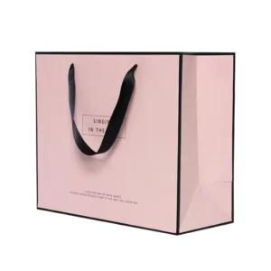 Matt Pink Paper Clothing Packaging Gift Bag with Ribbon Handle