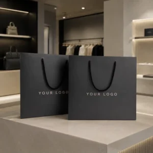 Matte Black Luxury Paper Shopping Bag With Rose Gold Logo Twisted Cord Handle Custom OEM ODM Premium Gift Packaging