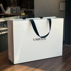 Matte White and Black Horizontal Paper Gift Bags with Custom Printing, Reusable, Ribbon Handle, for Tie Use