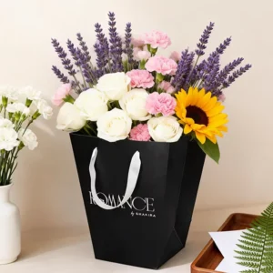 Minimalist Boutique Style Paper Bag with Ribbon Carry Handle for Fresh Cut Flower Packaging Paper Bag