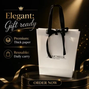 Minimalist Eco-Friendly Biodegradable Art Paper Craft Gift Bag Custom Logo Black Satin Ribbon Bow for Fashion Boutique Hat Store