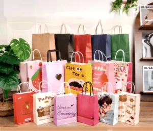 Multi Style Printed Recycled Kraft Paper Gift Bags with Handles Bulk Food Packaging for Pizza & Milk