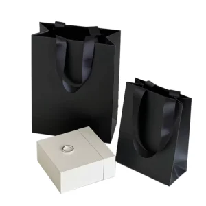 OEM/ODM Customized Black Paper Gift Bags with Glued Ribbon Handles, Recyclable