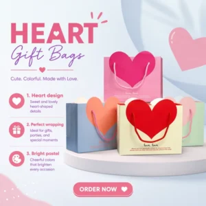 Paper Cosmetic Gift Bags with Rope Handle, Heart-Shaped Valentine Designs