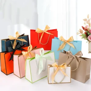 Paper Gift Bag With Bow Tie, Cardboard Shopping Bag for Apparel, Cosmetics, and Holiday Gifts