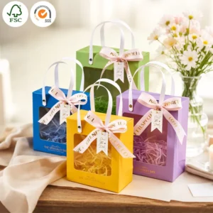 Paper Gift Bags with Closure and Ribbon Handles, Laminated, Personalized for Wedding, Bridal, Baby, and Birthday Events