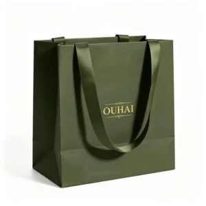 Paper Shopping Bags with Satin Ribbon Handles and Gold Foil Logo for Bracelet, Earring, and Necklace Packaging