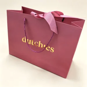 Paper Shopping and Gift Packaging Bag with Satin Ribbon Handle and Gold Foil Logo for Boutique Apparel