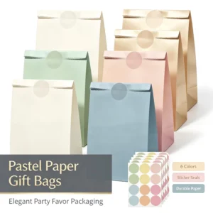 Pastel Kraft Paper Gift Bags with Stickers, Party Favor and Candy Treat Bags for Birthday, Wedding and Baby Shower