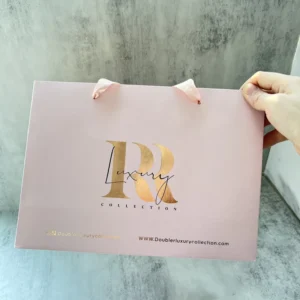 Pink Custom Printed Art Paper Bag with Rose Gold Hot Stamping Logo and Ribbon