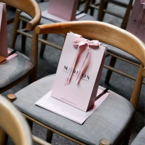 Pink Paper Gift Bag Custom Printed with Satin Bow Ribbon for Cosmetics Shopping