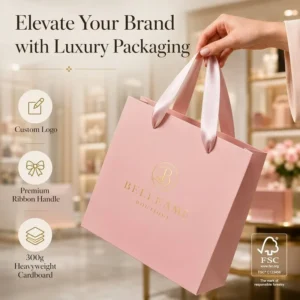 Pink Printed Paper Shopping Bags with Ribbon Handles and Custom Logo for Clothing Packaging
