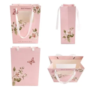 Pink Window Flower Paper Tote Bag Floral Print White Ribbon Handle Custom Logo Bouquet Gift Packaging for Florist