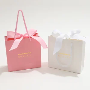 Printed Jewelry Paper Gift Bags with Bow and Ribbon Handle, Custom Logo