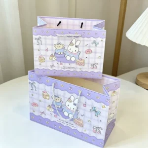 Purple Plaid Rabbit Bear Gift Bags with Bow, Dessert Paper Tote Bags for Girl Gift Giving