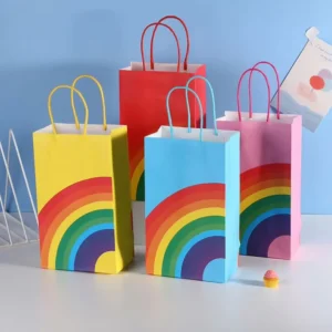 Rainbow Printed Birthday Kraft Paper Shopping Bags with Colored Twisted Paper Handles