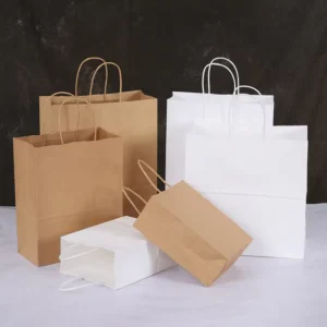 Recyclable Brown Kraft Paper Shopping Bags with Handles for Takeout Food and Gifts