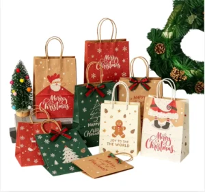 Recyclable Christmas Kraft Paper Gift Bags with Twisted Handles for Holiday Treats and Party Favors
