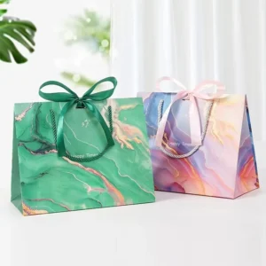 Recyclable Custom Logo Printed Paper Shopping Gift Bag with Bow for Weddings and Goodie Gifts
