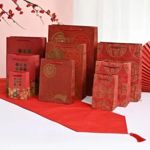 Recyclable Kraft Paper Gift and Craft Bag with Rope Handle and Color-Printed ‘Fu’ for Wedding and New Year Gift Packaging