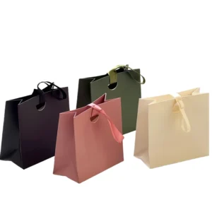 Recyclable Reusable Kraft Paper Gift Bags with Ribbon Handles, Custom Logo Printing