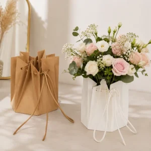 Recyclable Waterproof Paper Flower Gift Bag with Long Rope Handle for Bouquets