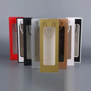 Recyclable Wine Bottle Gift Paper Bag with Rectangular Window and Twisted Rope Handle